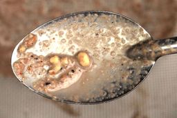 A couple of unblended almond chunks of the KOIOS Bullet being scooped from the mesh strainer with a stainless steel spoon.