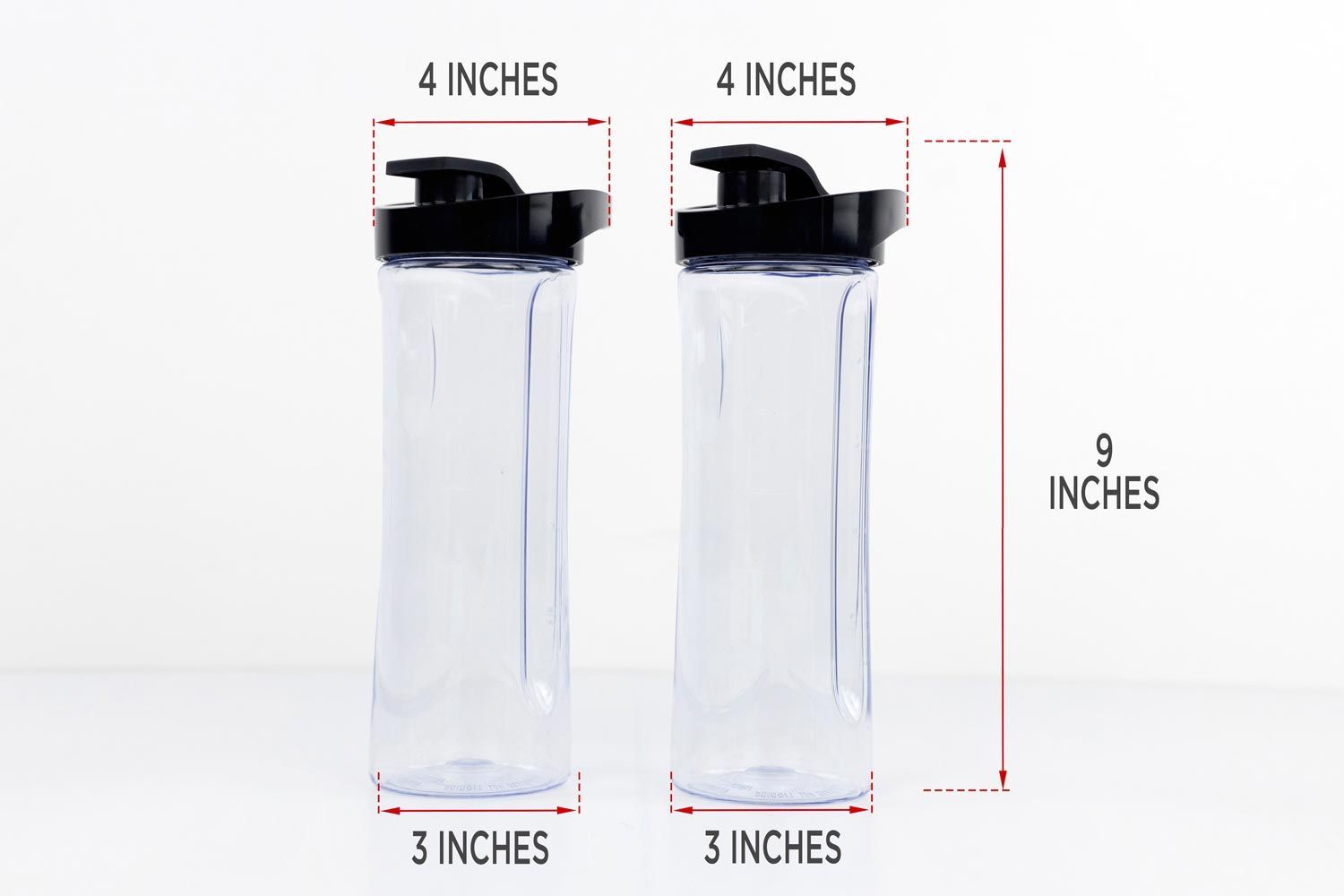 Two blending cups of the Black+Decker Fusionblade personal blender standing on a table, with the width of their top and bottom being noted to the side as 4 inches and 3, respectively, and the total length of the unit as 9 inches.