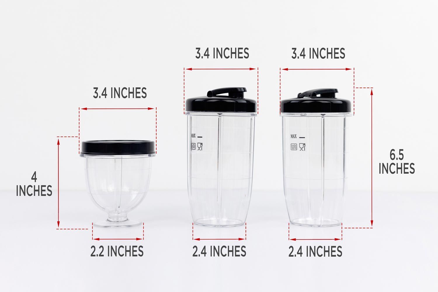 Three blending cups of the KOIOS Bullet on a table, with dimension measurements written to the side. The first cup is measured 3.4x4x2.2 inches, second cup is 3.4x6.5x2.2 inches, third cup is 3.4x6.5x2.2 inches. 