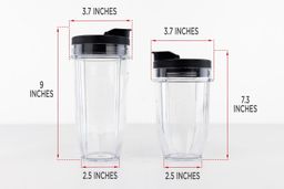 Two blending cups of the Ninja BL480D Nutri on a table, with dimension measurements written to the side. The first cup is measured 3.7x9x2.5 inches, and the second cup is 3.7x7.3x2.5 inches.