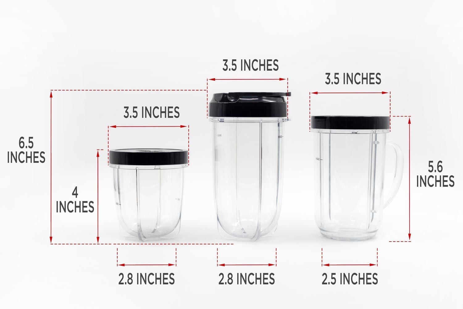 Three blending cups on a table, with dimension measurements written to the side. The first cup is measured 3.5x4x2.8 inches, second cup is 3.5x6.5x2.8 inches, third cup is 3.5x5.6x2.5 inches.