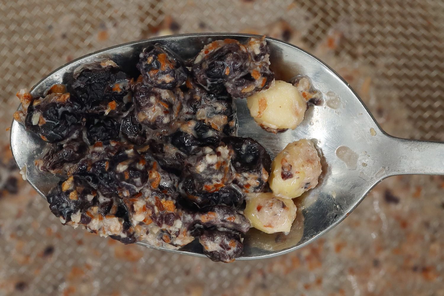 Using a spoon to remove the almond chunks of the LA Reveuse from the mesh strainer. 