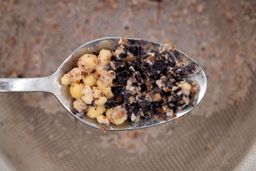 Scooping a spoon of solid chunks including dried blueberries and almonds that the iCucina personal blender was unable to pulverize in the test of preparing protein shake from a stainless steel mesh strainer.