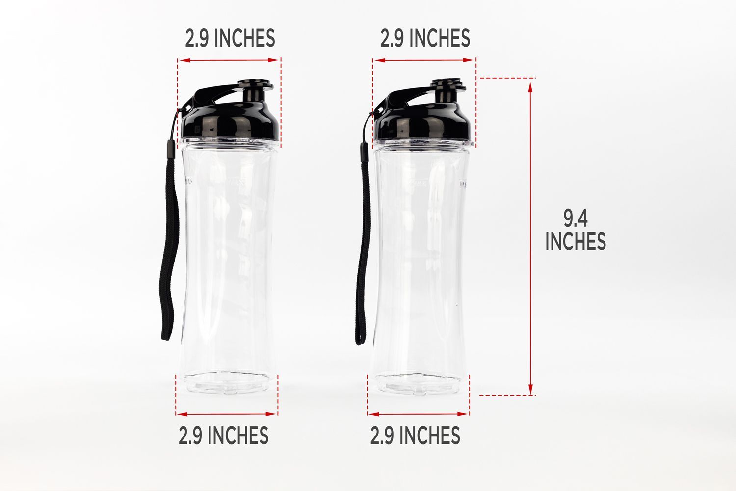 Two blending cups of the La Reveuse personal blender standing on a table, with the measurements written to the side (2.9x9x2.9 inches). 