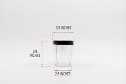 The blending cup of the BELLA personal blender standing on a table with dimension measurements written to the side ( 3.3x6.1x2.6 inches).