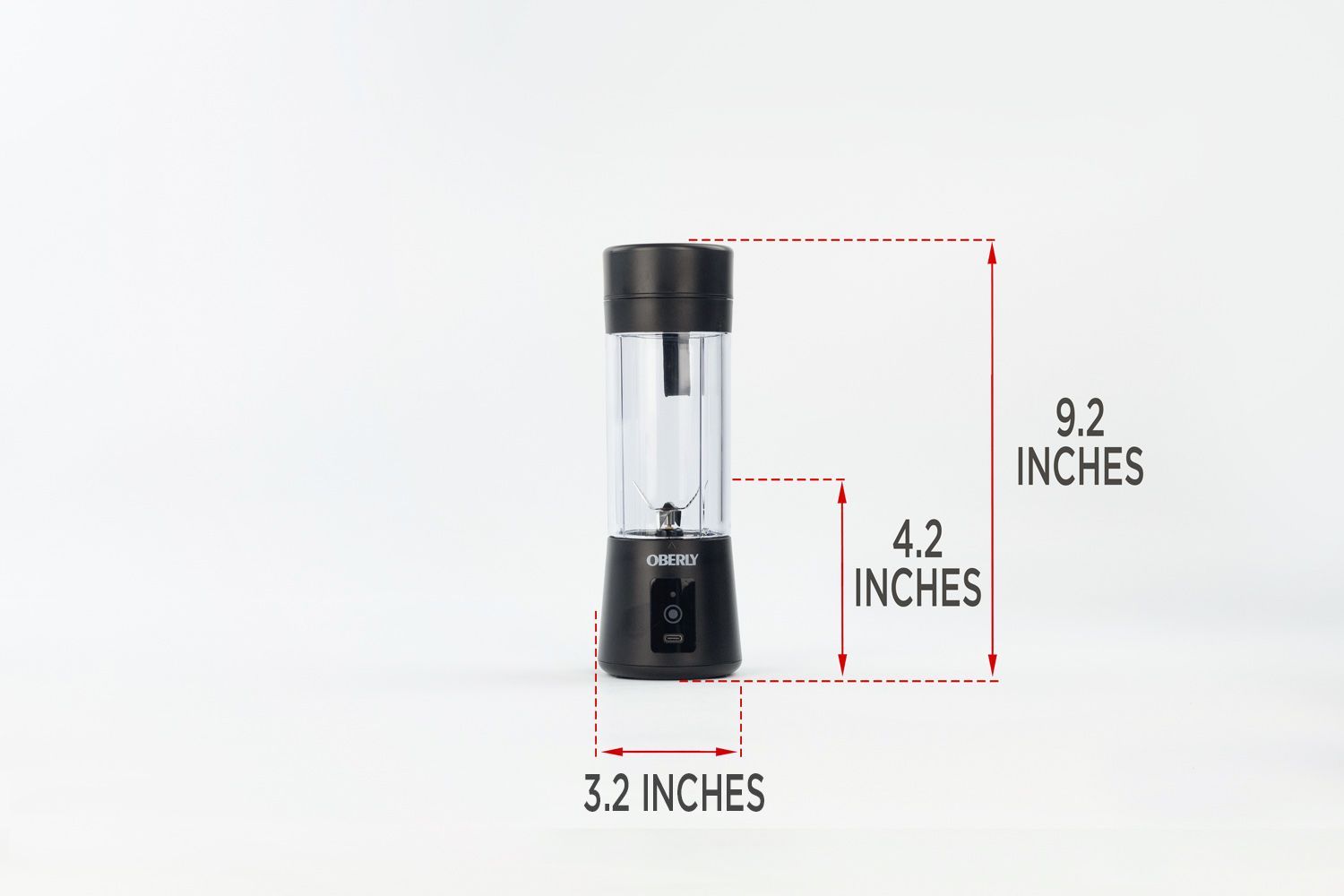 The OBERLY standing on a table, with the length of its motor base being noted to the side as 4.2 inches, and the total length and width of the unit as 9.2 inches and 3.2 inches, respectively.