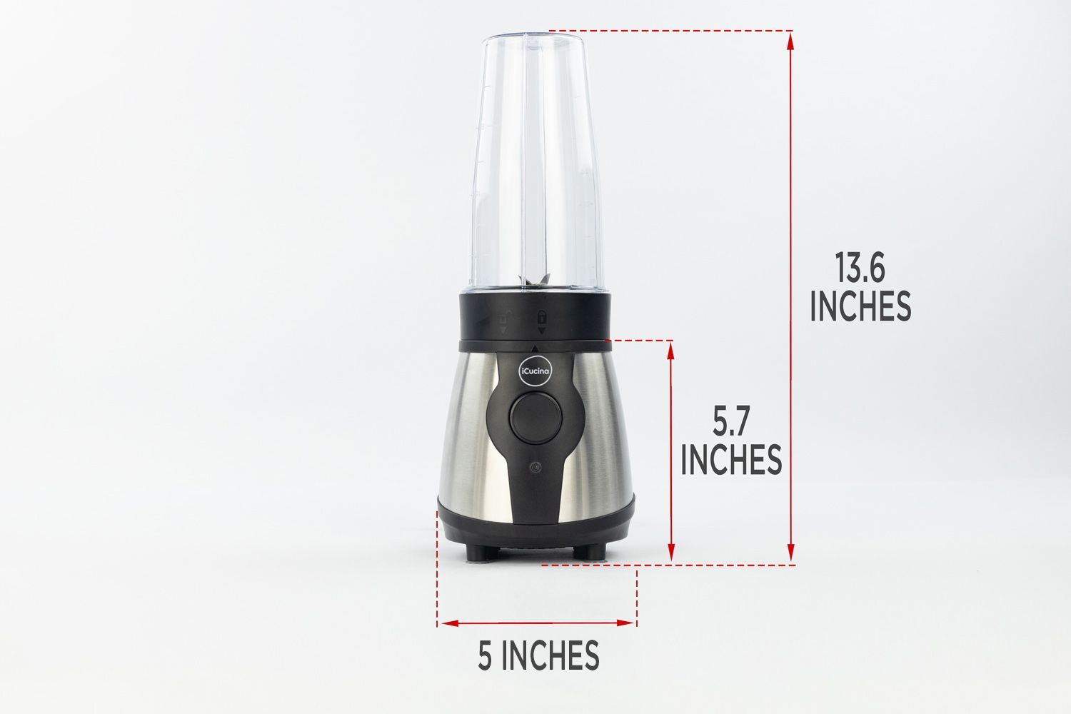 The iCucina personal blender standing on a gray table, with the length of its motor base being noted to the side as 5.7 inches, and the total length and width of the unit as 13.6 inches and 5.0 inches, respectively.