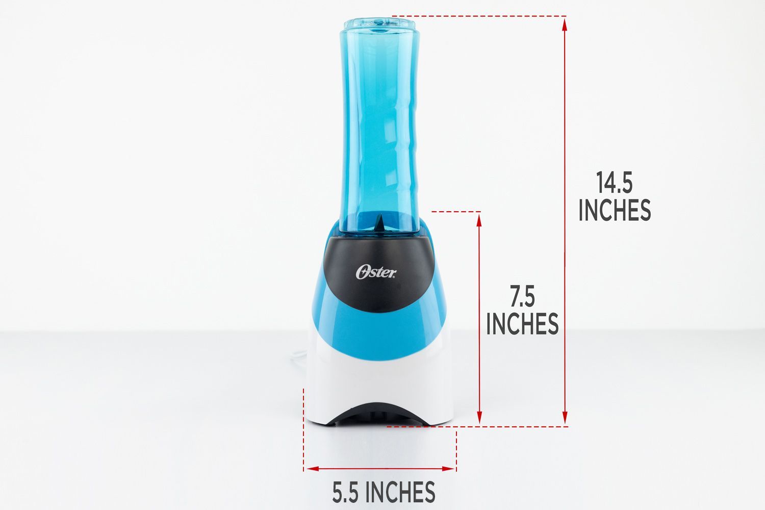 The Oster Myblend personal blender standing on a gray table, with the length of its motor base being noted to the side as 7.5 inches, and the total length and width of the unit as 14.5 inches and 5.5 inches, respectively.