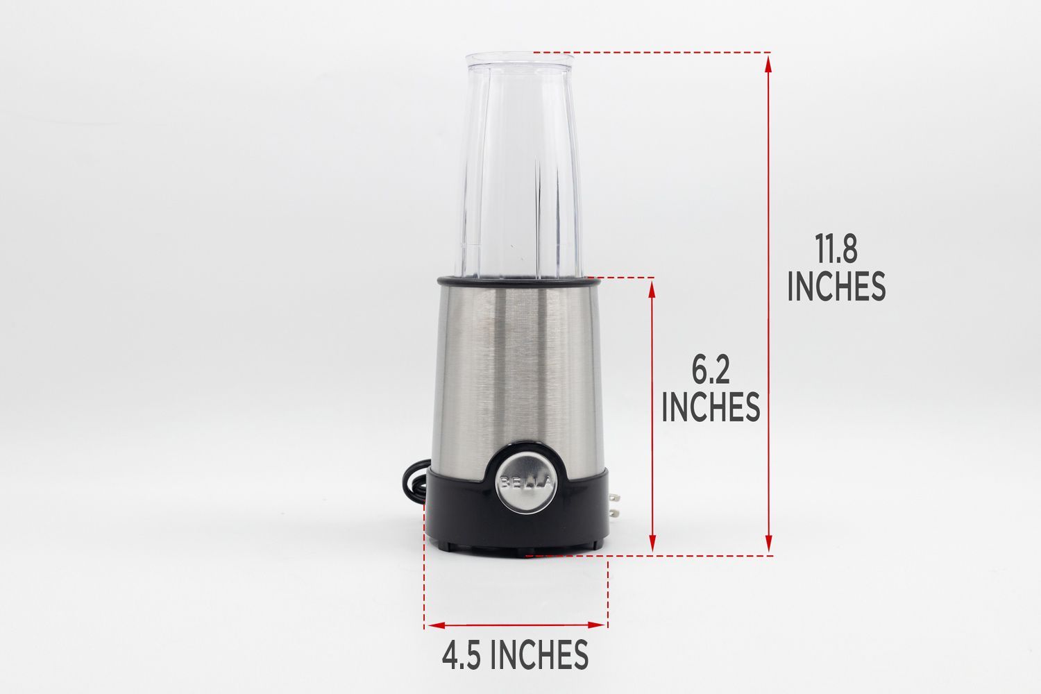 The BELLA The PopBabies portable blender standing on a table, with the length of its motor base being noted to the side as 6.2 inches, and the total length and width of the unit as 11.8 inches and 4.5 inches, respectively.