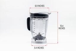 llustrated dimensions of the NutriBullet ZNBF30500Z 64-oz container showing the height, length, and width across in inches. 