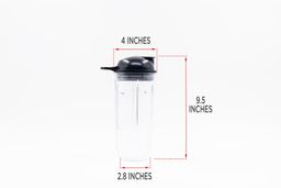 llustrated dimensions of the NutriBullet ZNBF30500Z 32-oz container showing the height, length, and width across in inches.