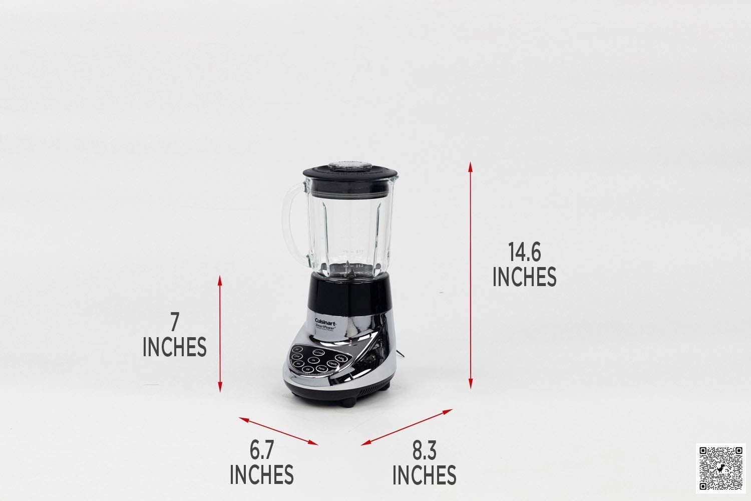 Illustrated dimensions of the Cuisinart SPB-7CH SmartPower showing the height, length, and width in inches.