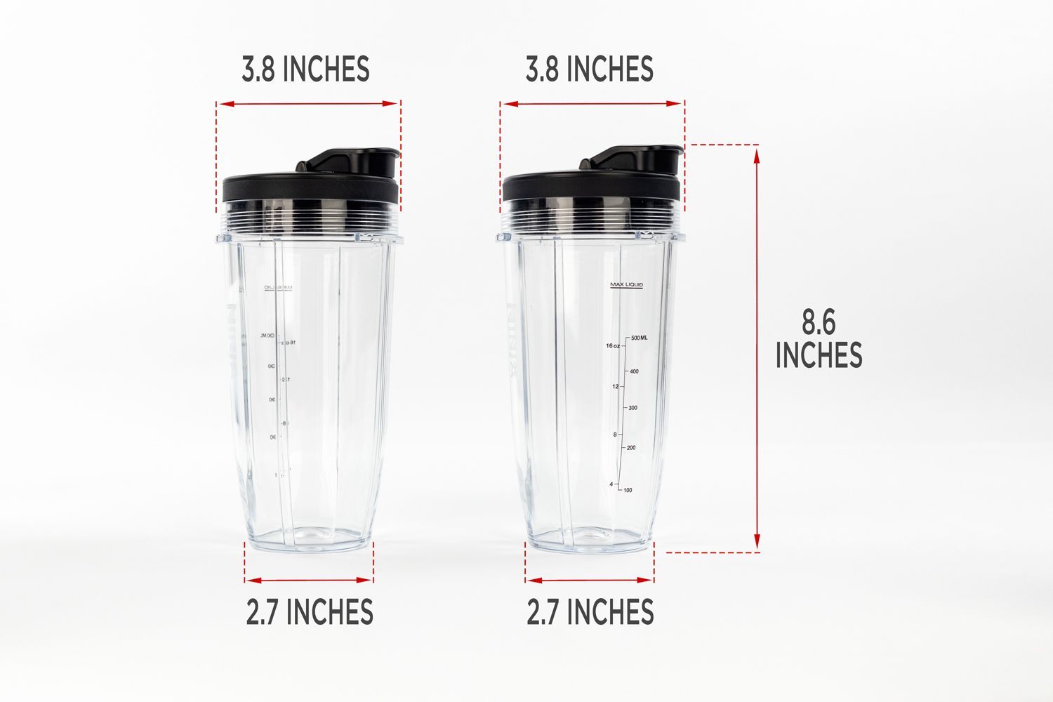 Illustrated dimensions of the Ninja BN401 Nutri Pro personal blender’s cups showing the height, depth, and width in inches