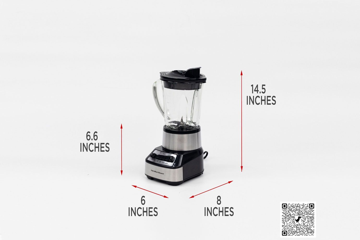 Illustrated dimensions of the Hamilton Beach Wave Crusher Blender blender showing the height, length, and width in inches.