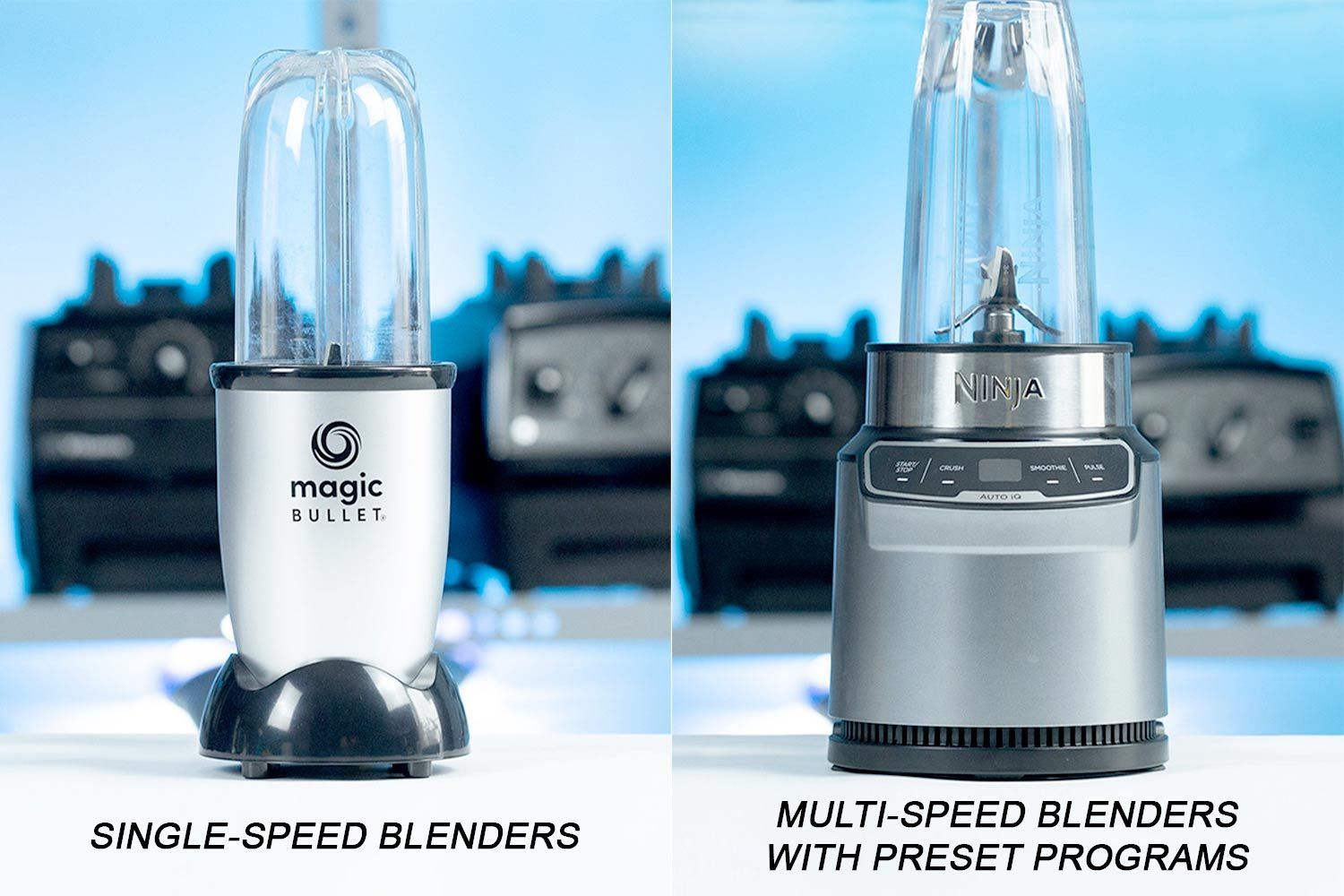 A close-up of a single-speed blender and multi-speed blender with preset programs.