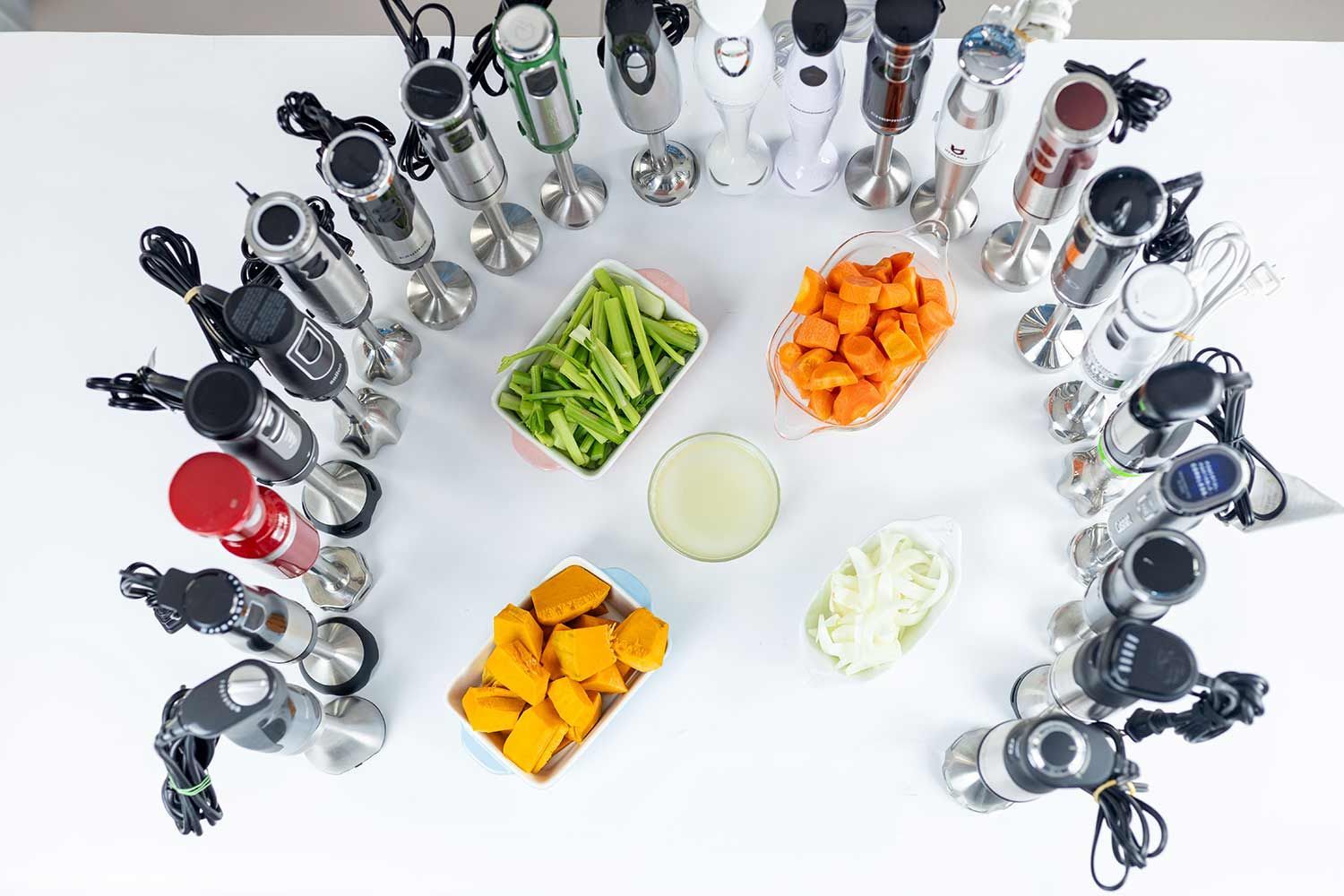 22 immersion blenders with ingredients for hot soup test.