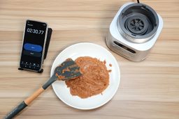 Ninja TWISTi almond butter test showing a thick, smooth spread after 2 minutes 30 seconds of blending.