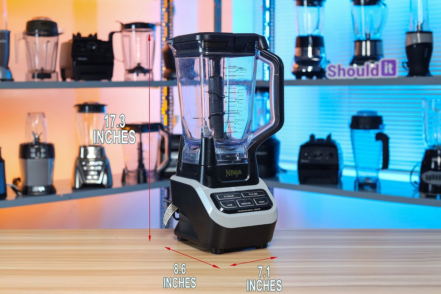 Illustrated dimensions of the Ninja BL610 blender showing the height, length, and width in inches.