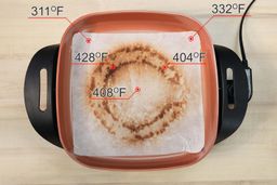 The Bella Non-Stick Electric Skillet 14607 with a white oil-absorbent sheet covering the surface of the pan. The dark double circles indicate where the heating element is.
