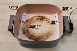 The Crux Non-Stick Electric Skillet 14620 with a white oil-absorbent sheet covering the surface of the pan. The dark double circles indicate where the heating element is.