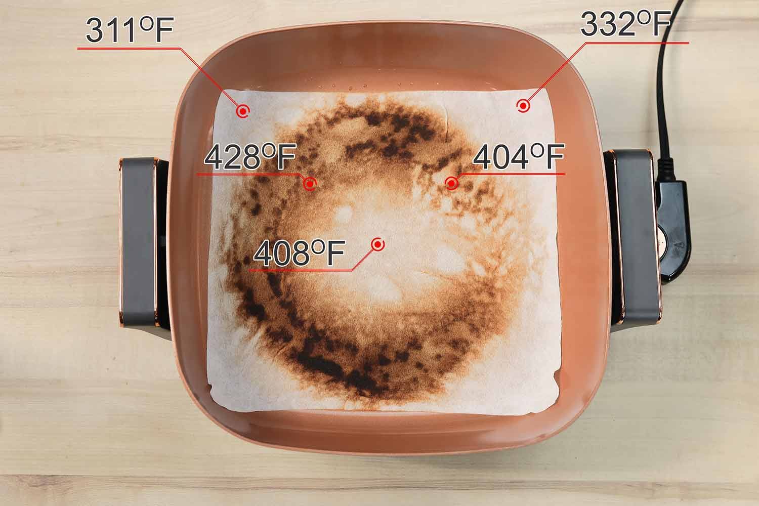 The Crux Non-Stick Electric Skillet 14620 with a white oil-absorbent sheet covering the surface of the pan. The dark double circles indicate where the heating element is.