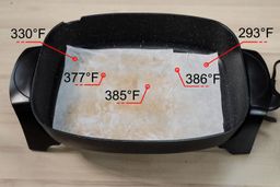 5 temperature points on the surface of the Elite Gourmet Non-Stick Electric Skillet EG-6203 are 330°F, 377°F, 385°F, 386°F, and 293°F.
