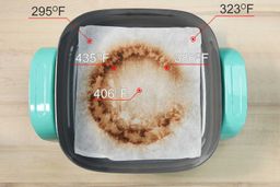 The GreenLife Ceramic Non-Stick Electric Skillet CC003725-002 with a white oil-absorbent sheet covering the surface of the pan. The dark double circles indicate where the heating element is.