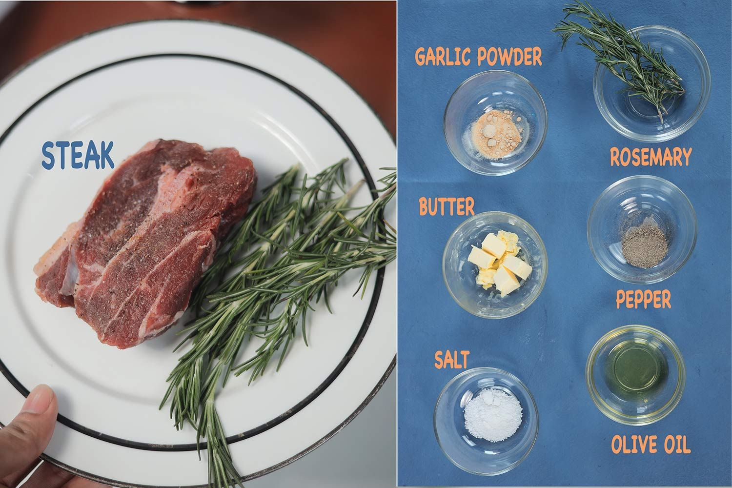 On the right, a plate with a piece of steak and rosemary. On the left, containers of ingredients including garlic powder, rosemary, butter, pepper, salt, and olive oil.