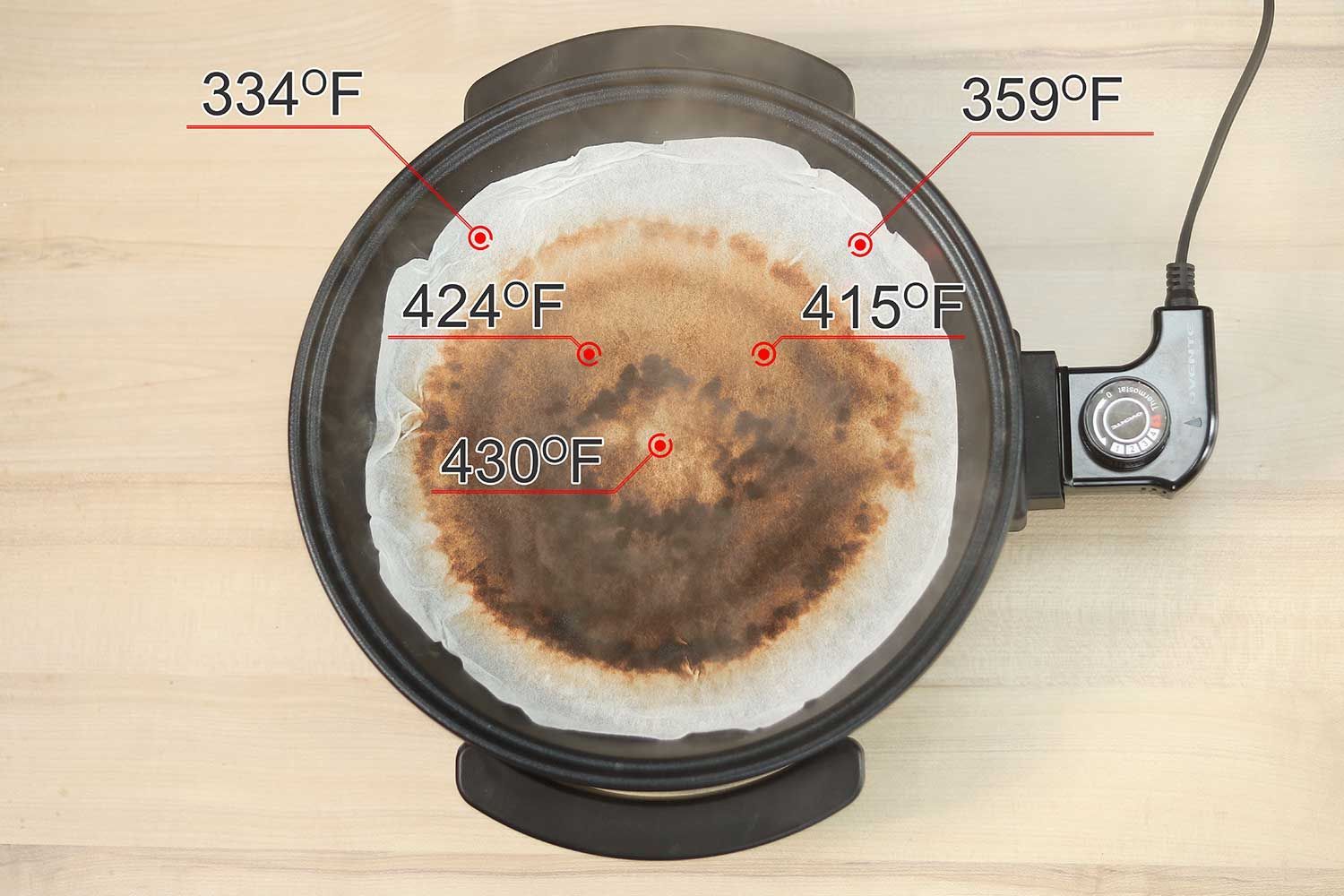 The Ovente Non-Stick Electric Skillet SK11112B with a white oil-absorbent sheet covering the surface of the pan. The dark double circles indicate where the heating element is.