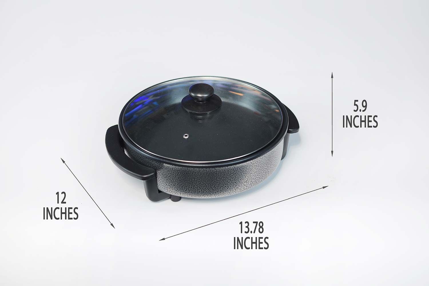 The Ovente Non-Stick Electric Skillet SK11112B is 13.78 inches in length, 12 inches in width, and 5.9 inches in height.