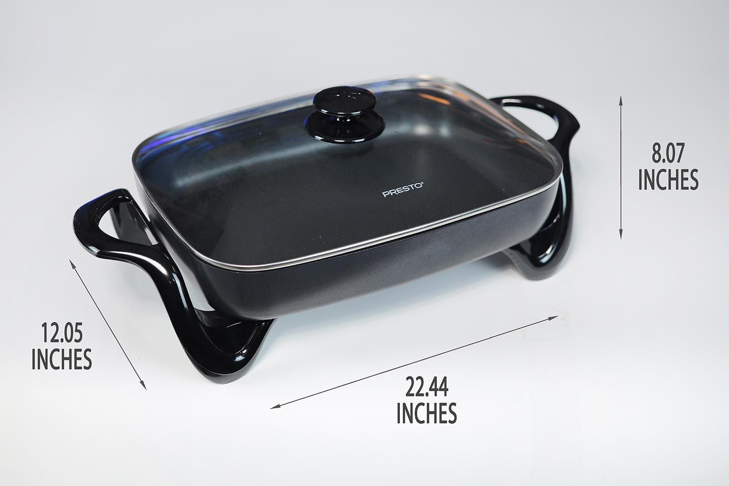 The Presto Electric Skillet 06852 is 22.44 inches in length, 12.05 inches in width, and 8.07 inches in height.