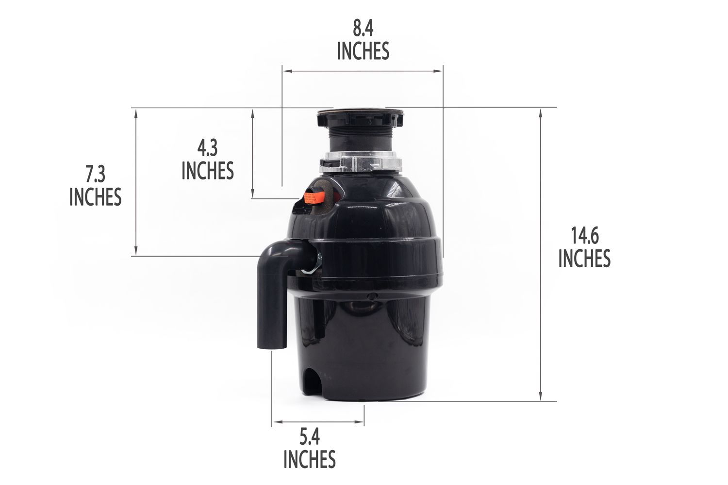 GE GFC720N with mount assembly, elbow tube, sticker on dishwasher outlet. Showing 8.4-inch width, 14.6-inch height, 4.3-inch depth to dishwasher outlet, 7.4-inch depth to outlet, 5.4-inch distance to elbow tube.