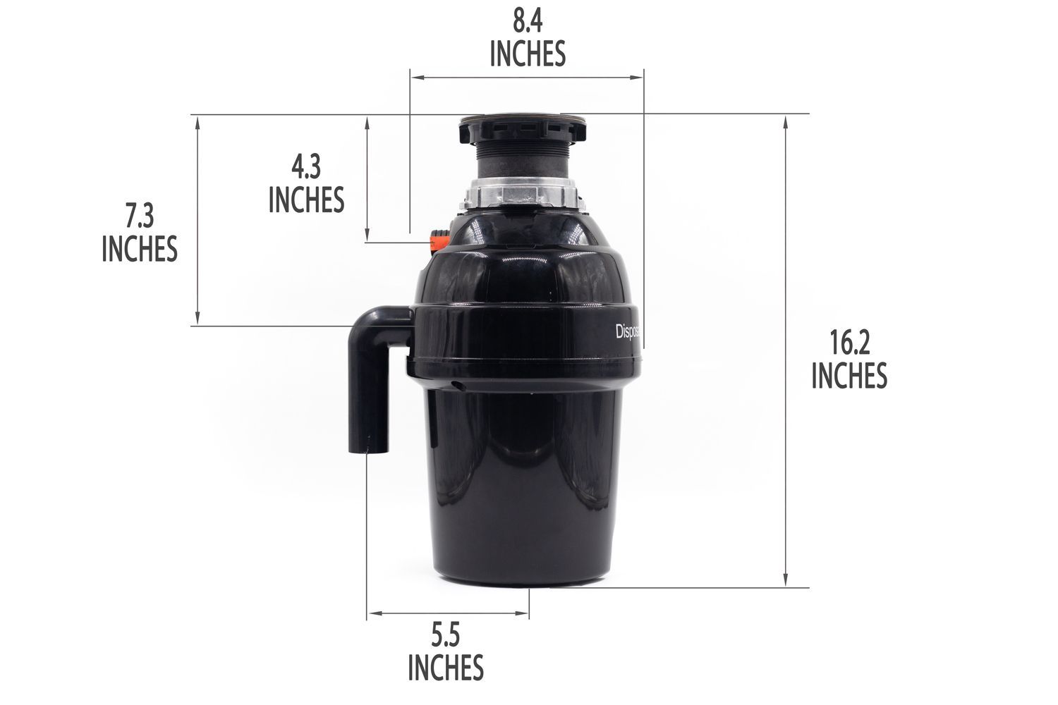 GE GFC1020N, mount assembly, elbow tube, orange sticker. Showing 8.4-inch width, 16.2-inch height, 4.3-inch depth to dishwasher outlet, 7.4-inch depth to outlet, 5.5-inch distance to elbow tube.