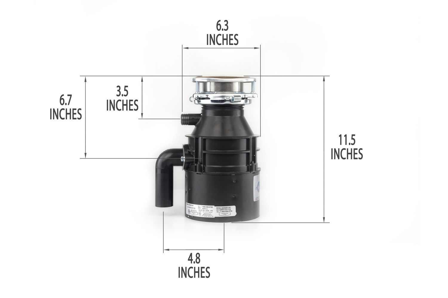 Badger 5 with mount assembly and elbow tube. Showing 6.3-inch width, 11.5-inch height, 3.5-inch depth to dishwasher outlet, 6.7-inch depth to outlet, 4.8-inch distance to elbow tube.