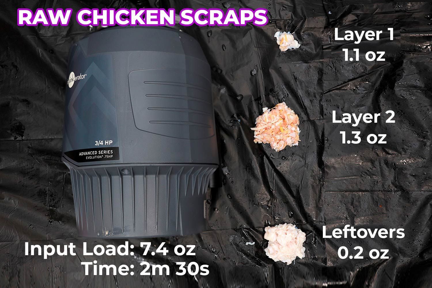 InSinkErator Evolution 3/4 HP Garbage Disposal Raw Chicken Scraps Test