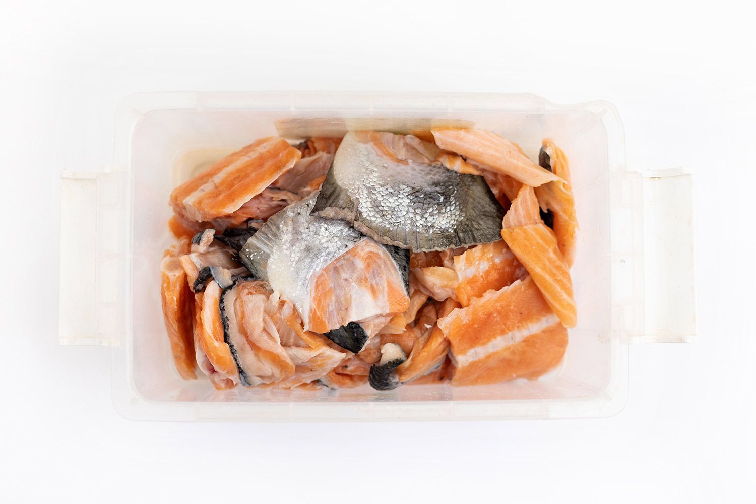 Raw salmon scraps prepared for performance reviewing of best garbage disposals, display in plastic container on white top.