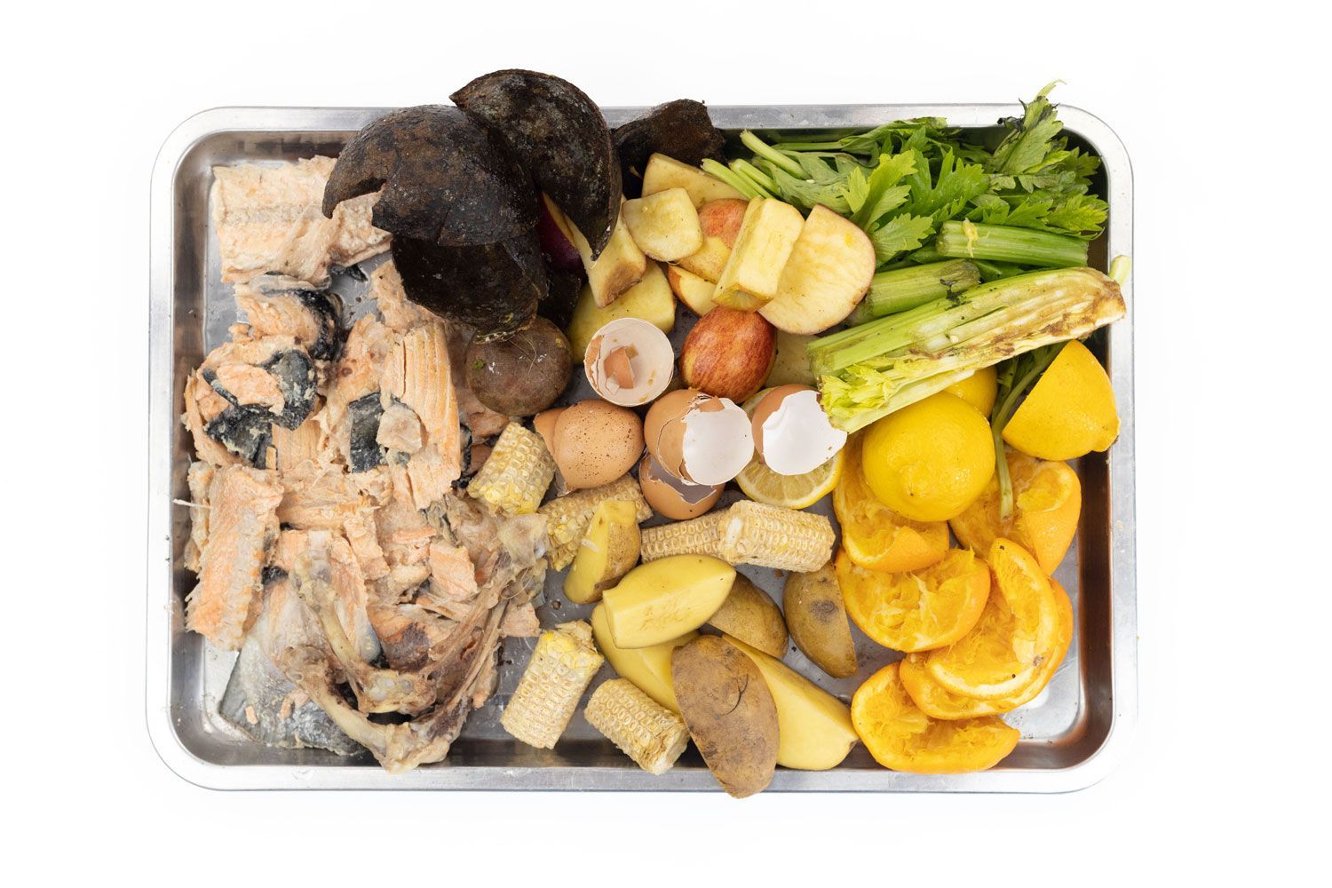 Various food scraps in plastic bags and on metal tray, prepared for performance reviewing of best garbage disposals, displayed on white top.