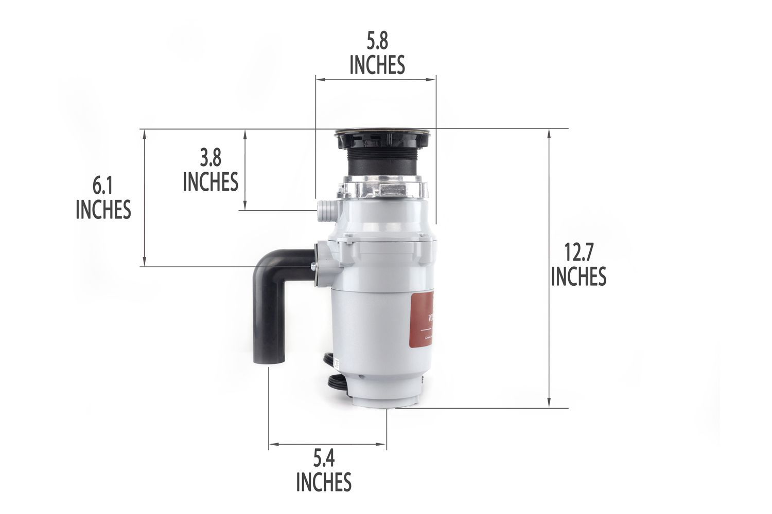 Waste King L1001 1/2 HP Garbage Disposal with mount assembly and elbow tube. Dimensions show 5.8-inch width, 12.7-inch height, 3.3-inch depth to dishwasher outlet, 6.1-inch depth to outlet, 5.4-inch distance to elbow tube.