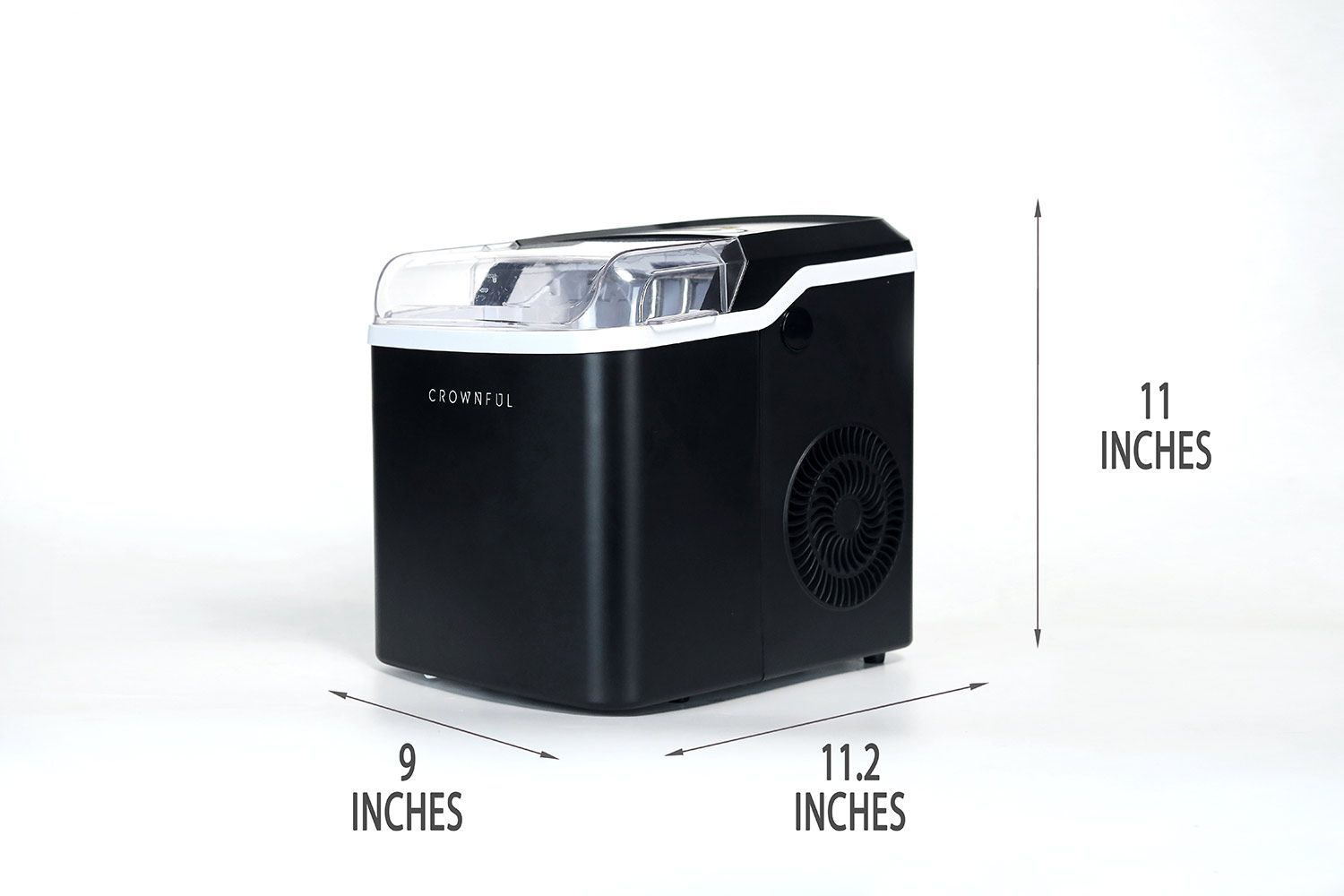 An annotated diagram of the Crownful countertop ice making showing dimensions of 9 inches across, 11.2 inches depth, and 11 inches height.