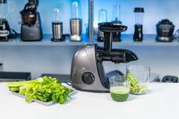 plate of celery, Jocuu masticator, celery juice and pulp in containers