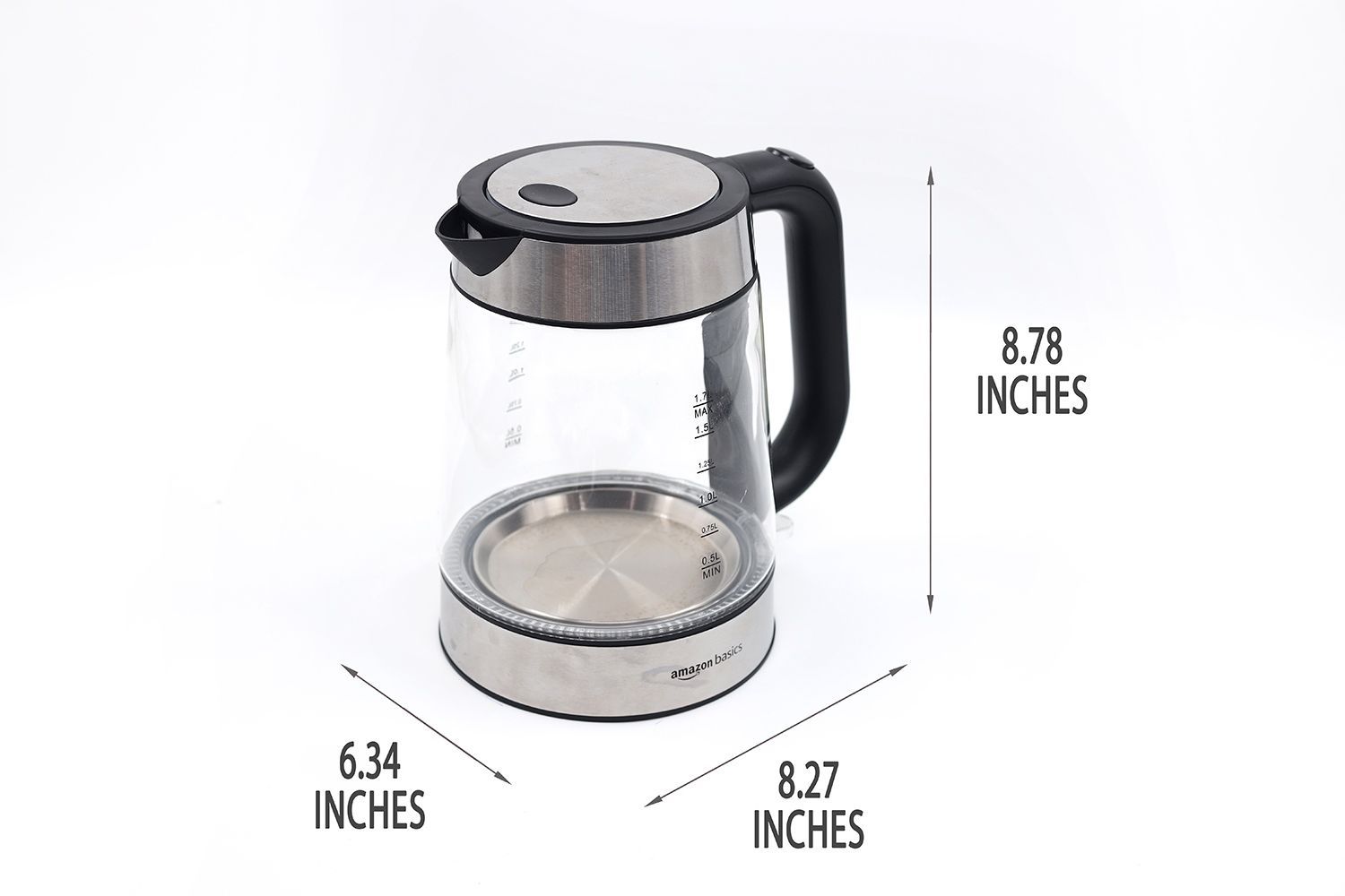 The Amazon Basics Electric Glass and Steel Kettle (F-625C) is 8.27 inches in length, 6.34 inches in width, and 8.78 inches in height.