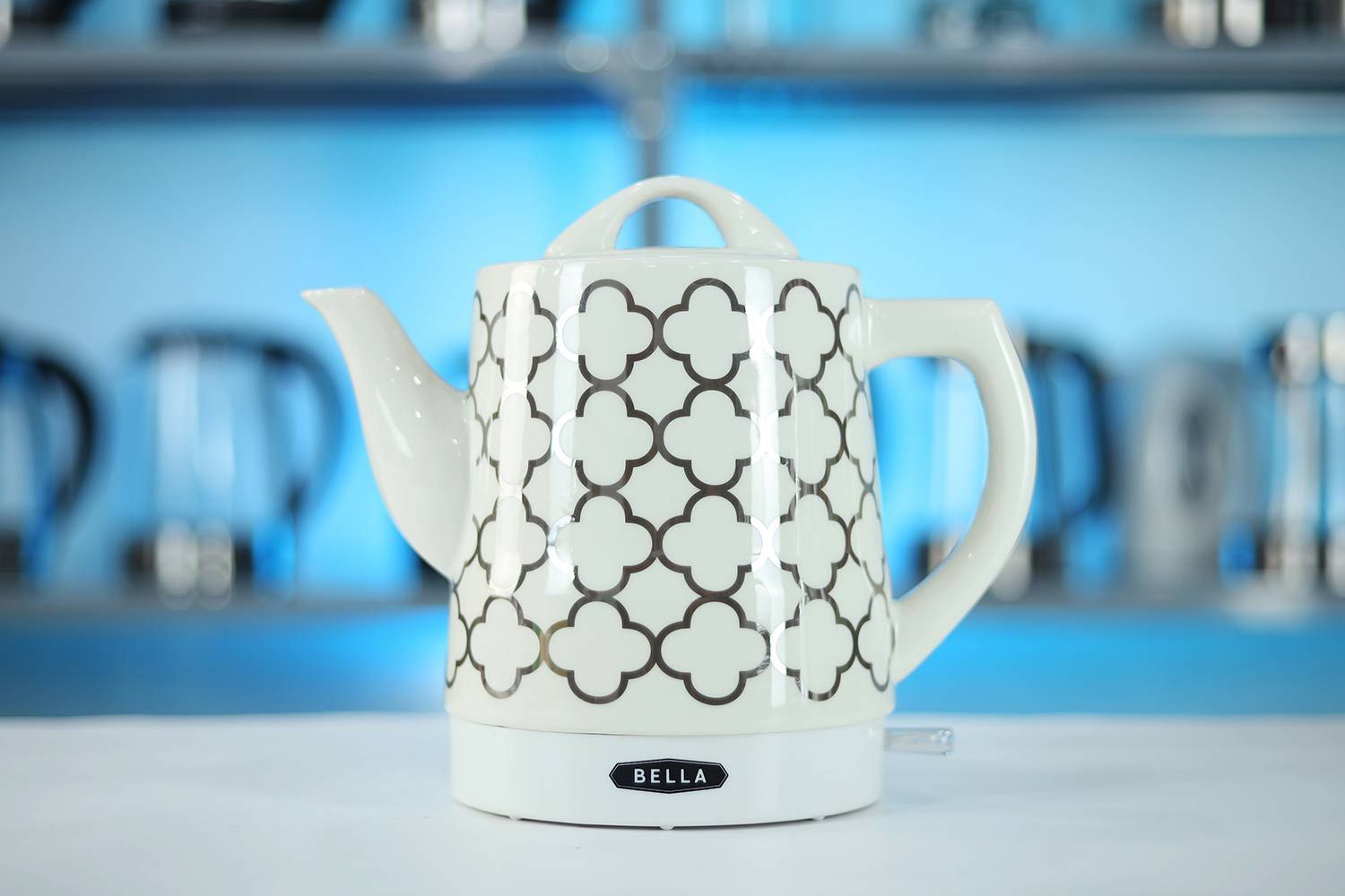 The carafe of the Bella Ceramic Gooseneck Electric Kettle (14745) sitting on top of its power base.