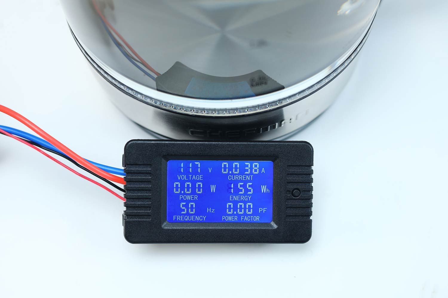 The power meter reads the energy consumption of the Chefman Electric Kettle with 5 Presets (RJ11-17-CTI-RL) (14745) to be 155 Wh.