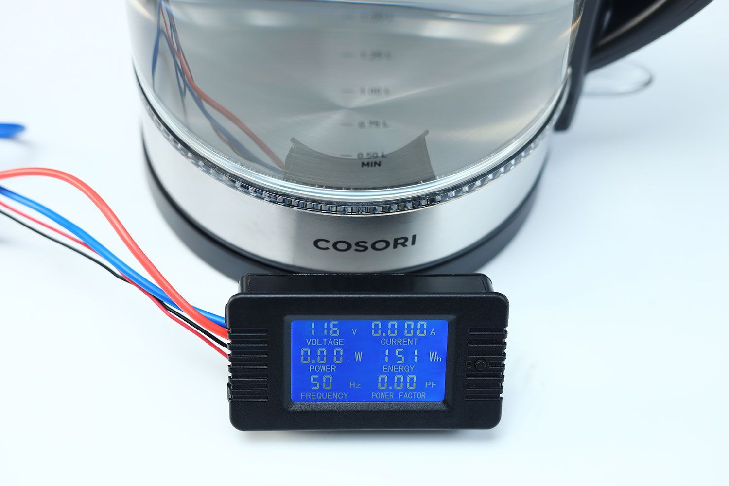 The power meter reads the energy consumption of the Cosori Glass Electric Kettle (GK172-CO) to be 151 Wh.
