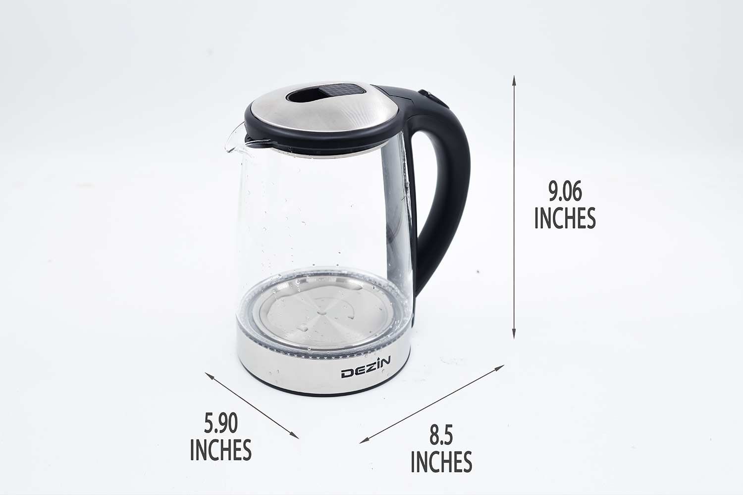 The Dezin Electric Glass Kettle DZ380 is 8.50 inches in length, 5.90 inches in width, and 9.06 inches in height.