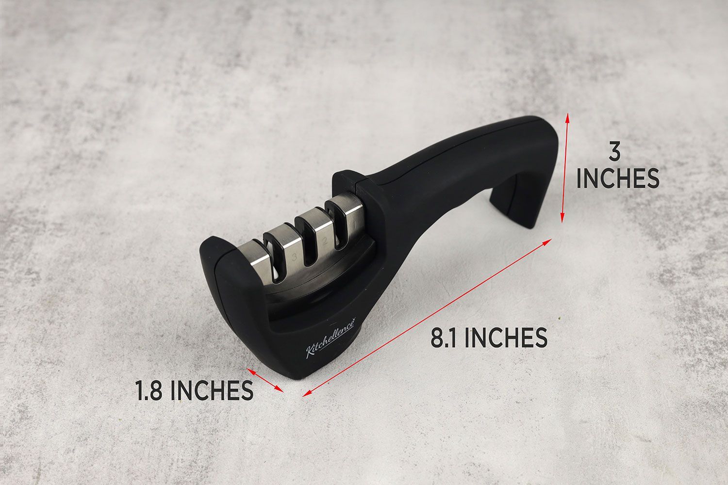 The Kitchellence knife sharpener and arrows and figures showing its dimensions