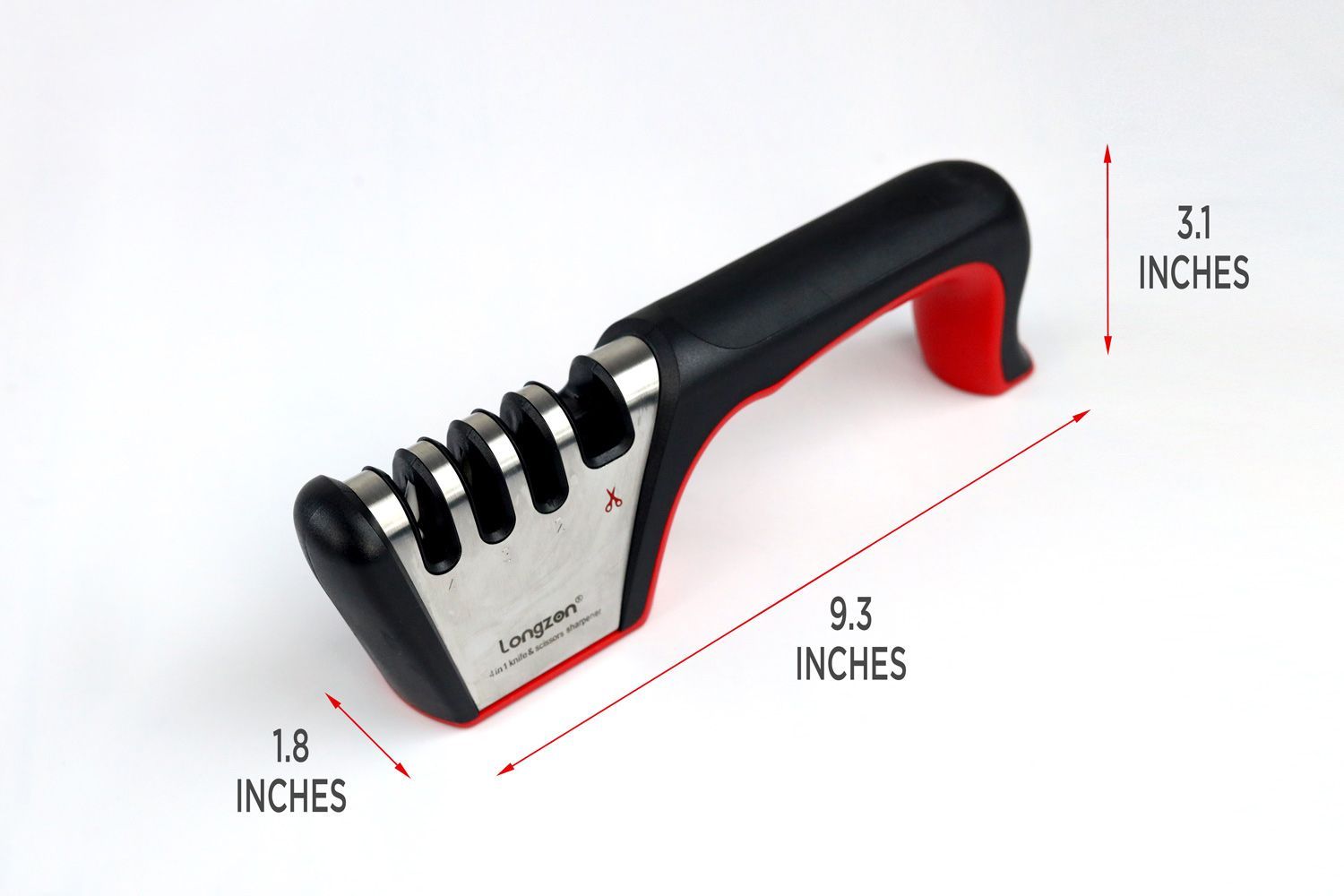 The Longzon household sharpener with arrows and figures showing its dimensions.