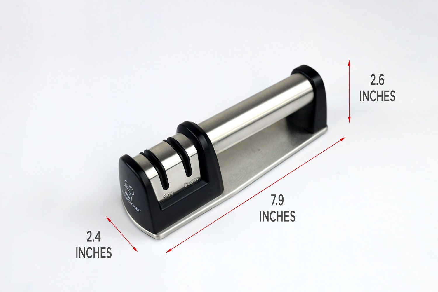 The Priority Chef 2-stage sharpener with arrows and figures showing its dimensions.