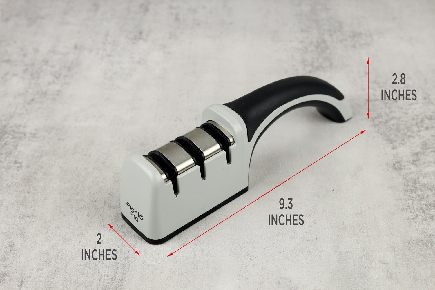 The Chef's Choice 4643 handheld sharpener with arrows and figures showing its dimensions