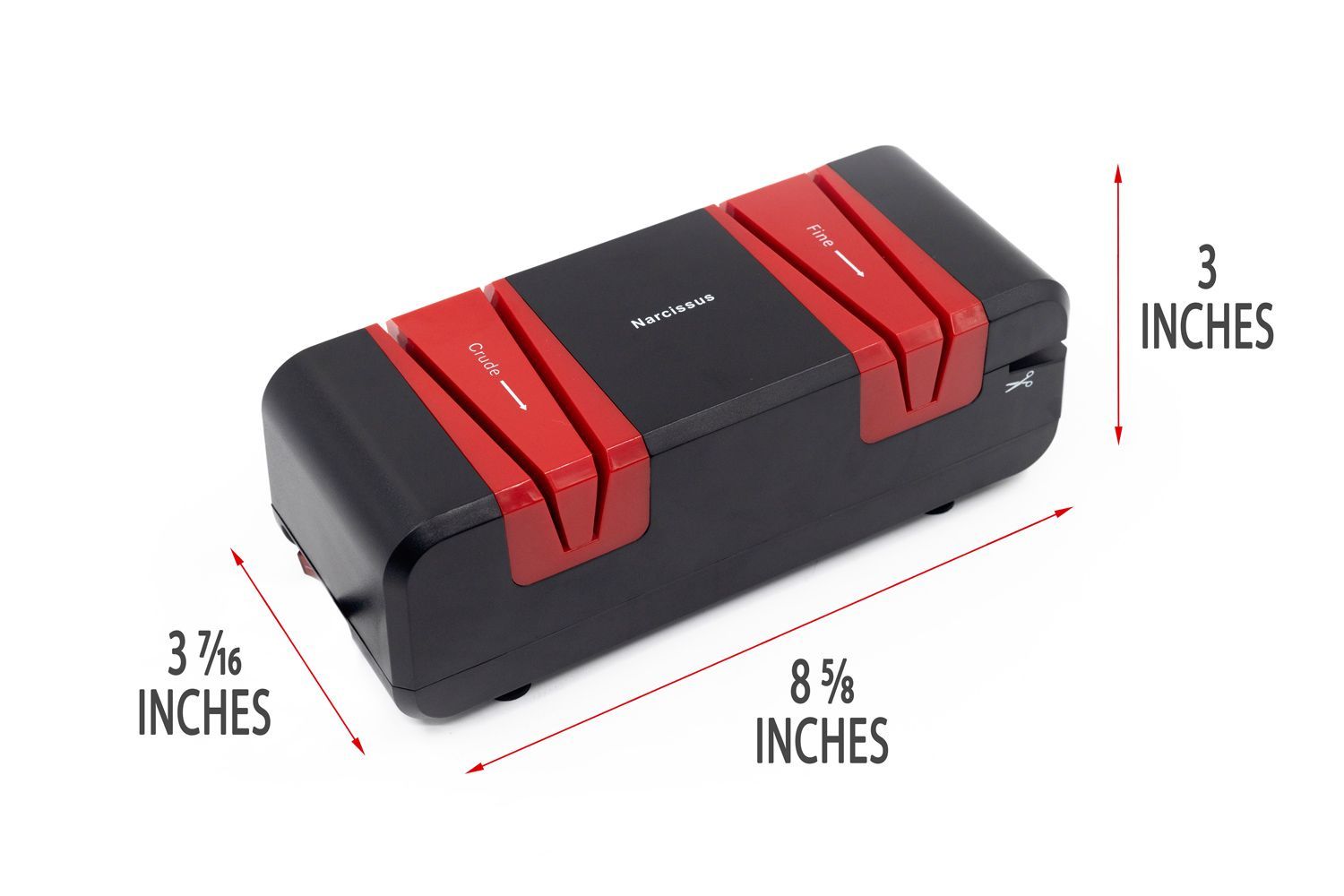 The Narcissus electric knife sharpener with arrows and figures indicating its measurements at 8 5/8 inches, 3 7/16 inches, and 3 7/16 inches.